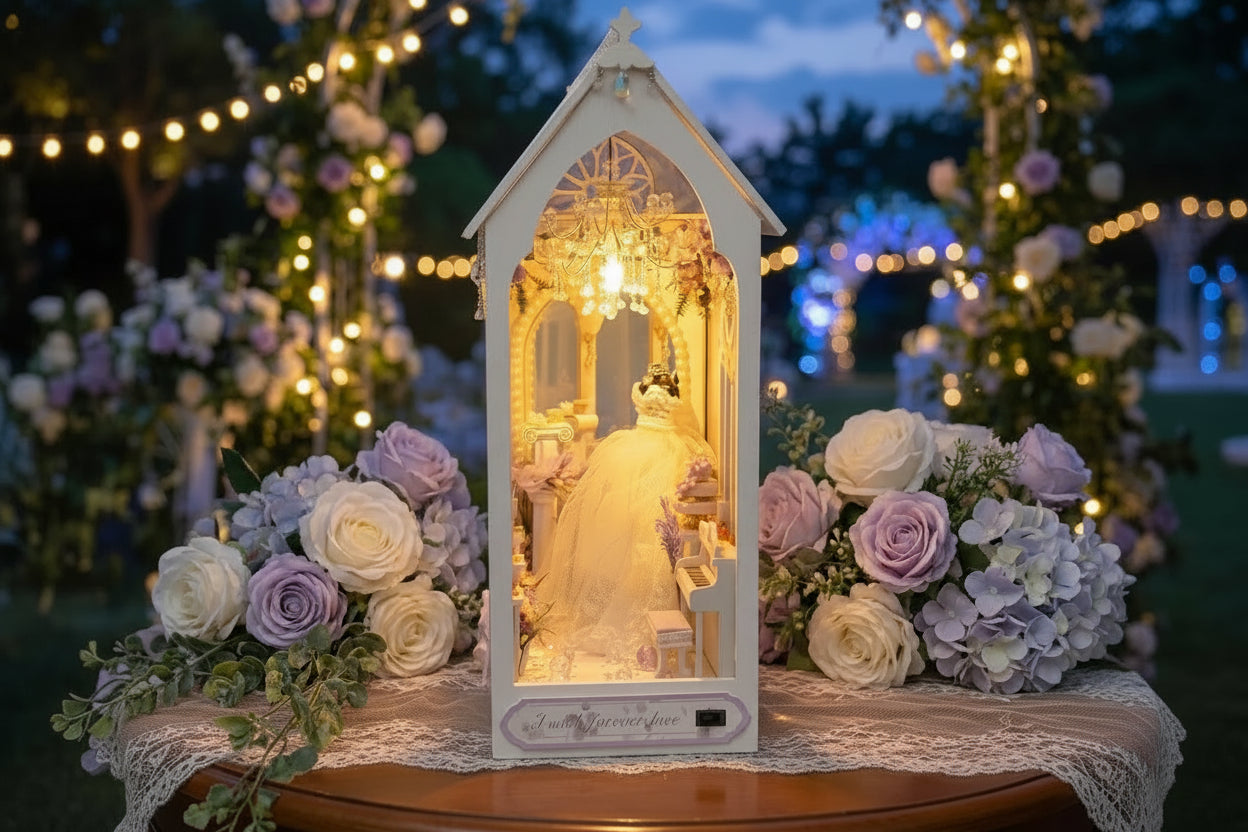Book Nook en bois thème Jour de Mariage, vue Ambiance Nuit sur table, éclairage LED chaleureux, décoration Nook-It.