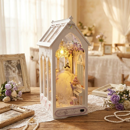Book Nook en bois thème Jour de Mariage, vue Angle 45°, éclairage LED chaleureux, décoration Nook-It.