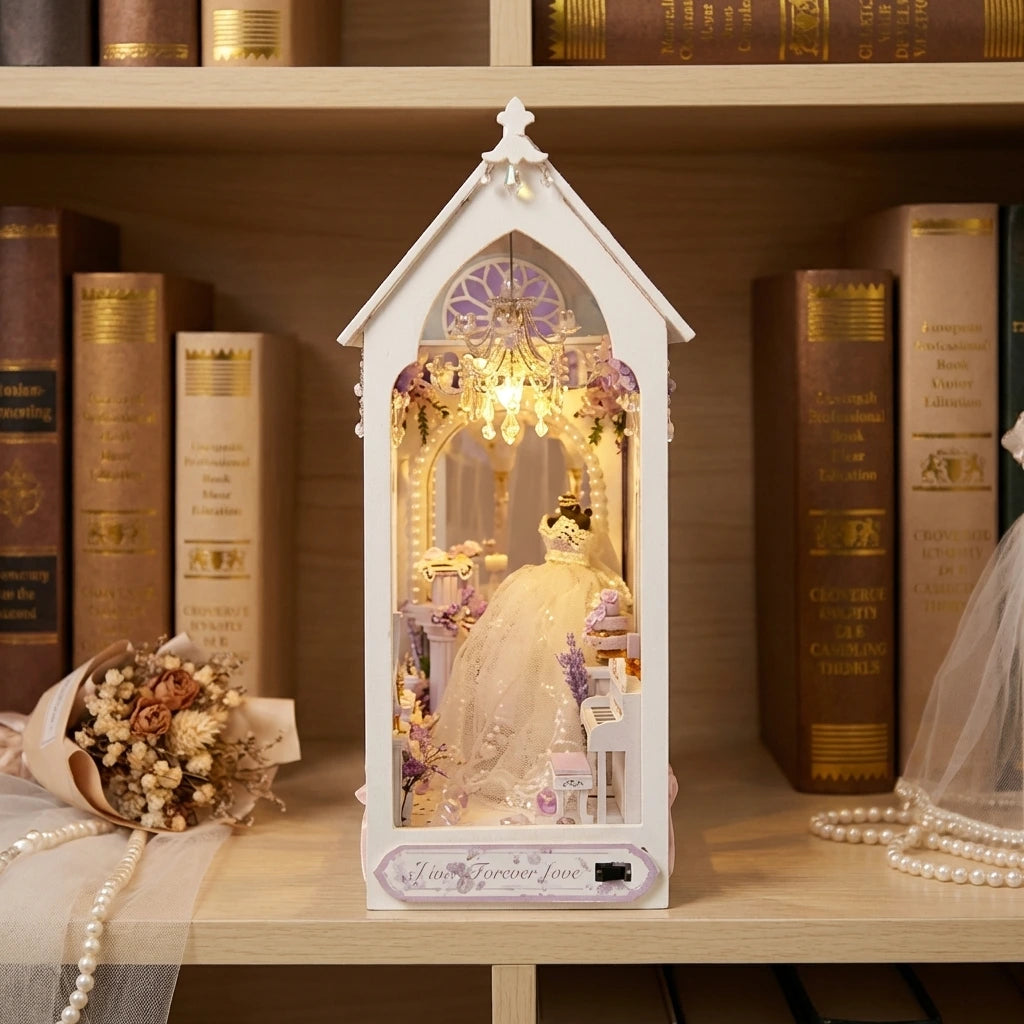 Book Nook en bois thème Jour de Mariage, vue Face, éclairage LED chaleureux, décoration Nook-It.