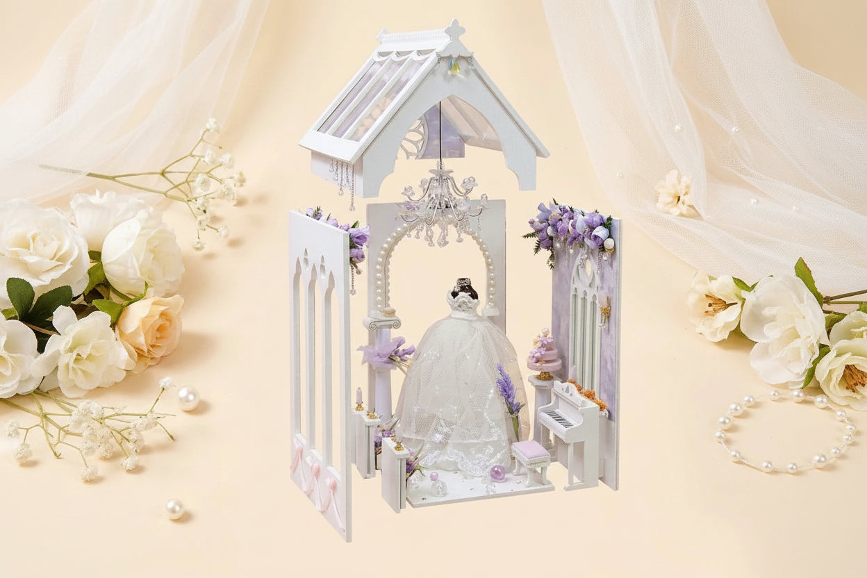 Book Nook en bois thème Jour de Mariage, vue Éclatée, éclairage LED chaleureux, décoration Nook-It.
