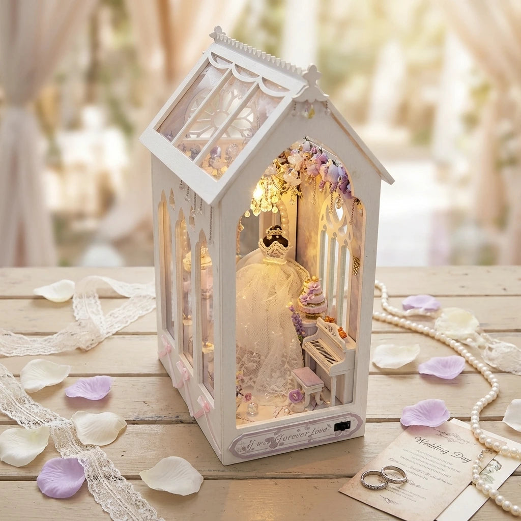 Book Nook en bois thème Jour de Mariage, vue Plongeante, éclairage LED chaleureux, décoration Nook-It.