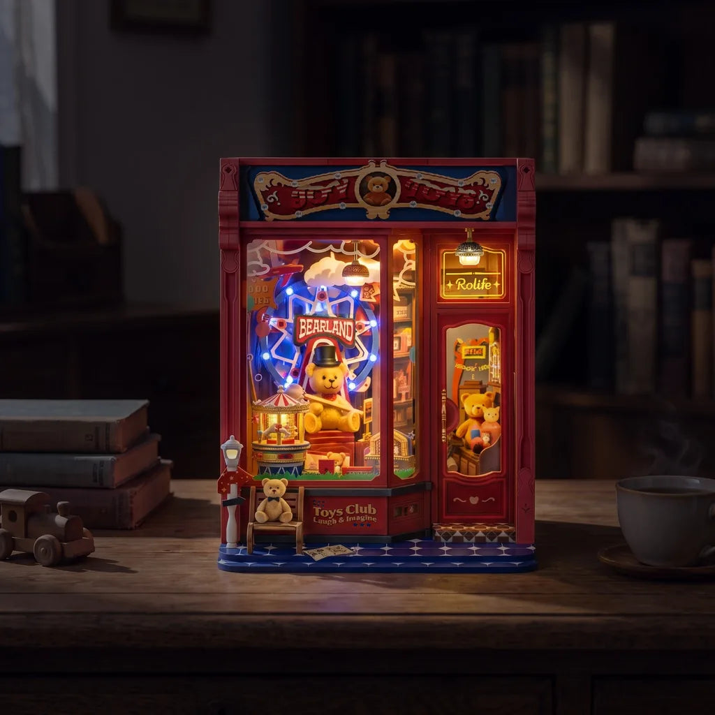 Book nook Joy Toys allumé le soir, grande roue bleue et plafonnier chaud