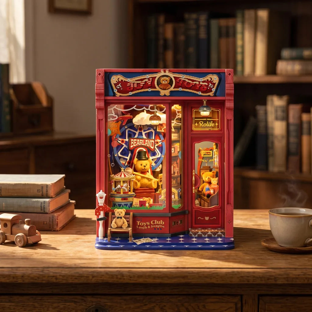 Book nook Joy Toys vue de face sur un bureau en bois, boutique de jouets rétro rouge