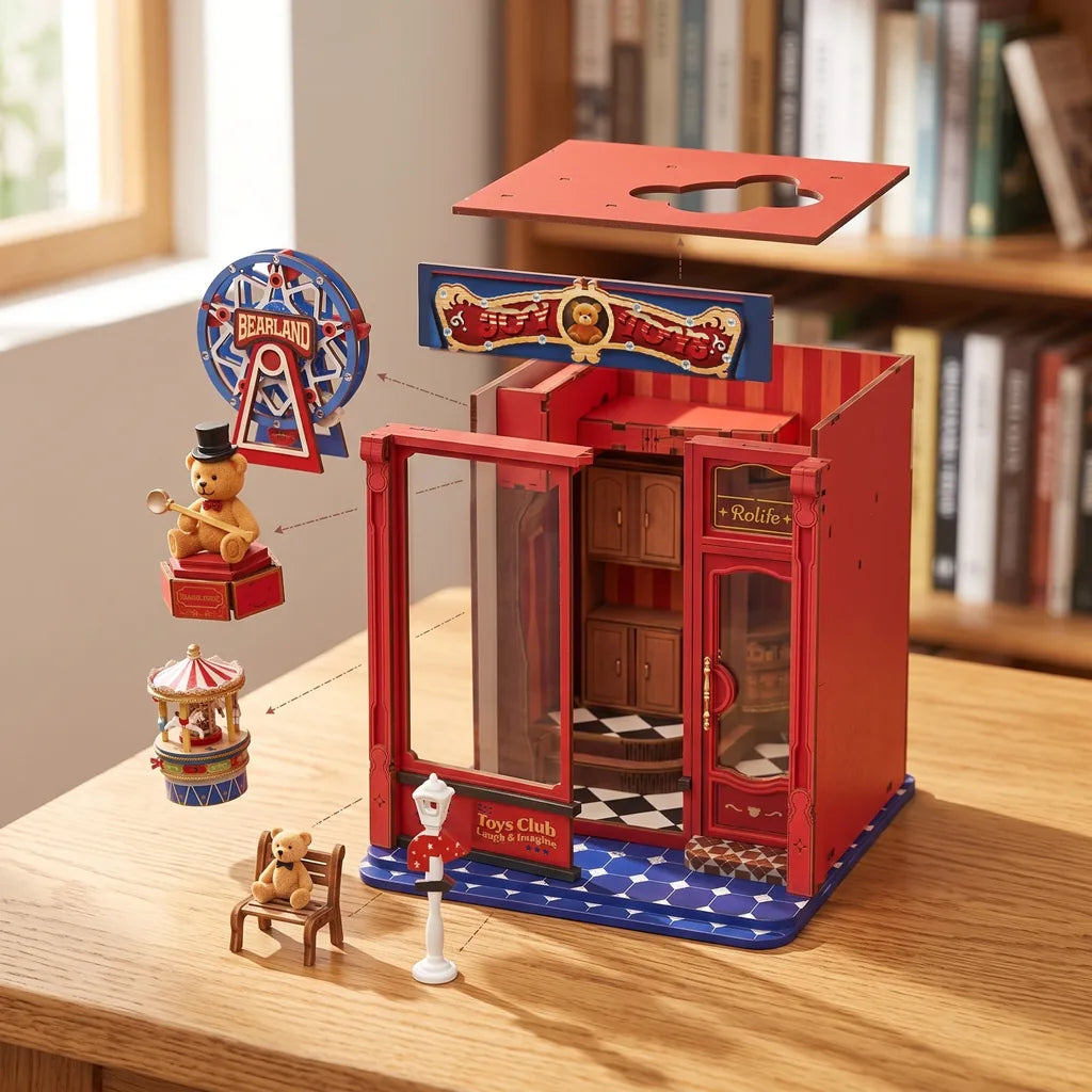 Vue éclatée du book nook Joy Toys, grande roue, ours magicien et manège séparés
