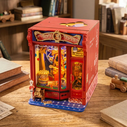 Book nook Joy Toys vu en plongée, dessus rouge avec découpe en nuage