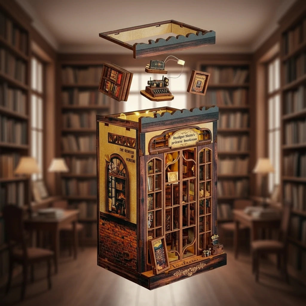 Book Nook en bois thème La Bibliothèque Privée de Rudiger, vue Éclatée, éclairage LED chaleureux, décoration Nook-It.
