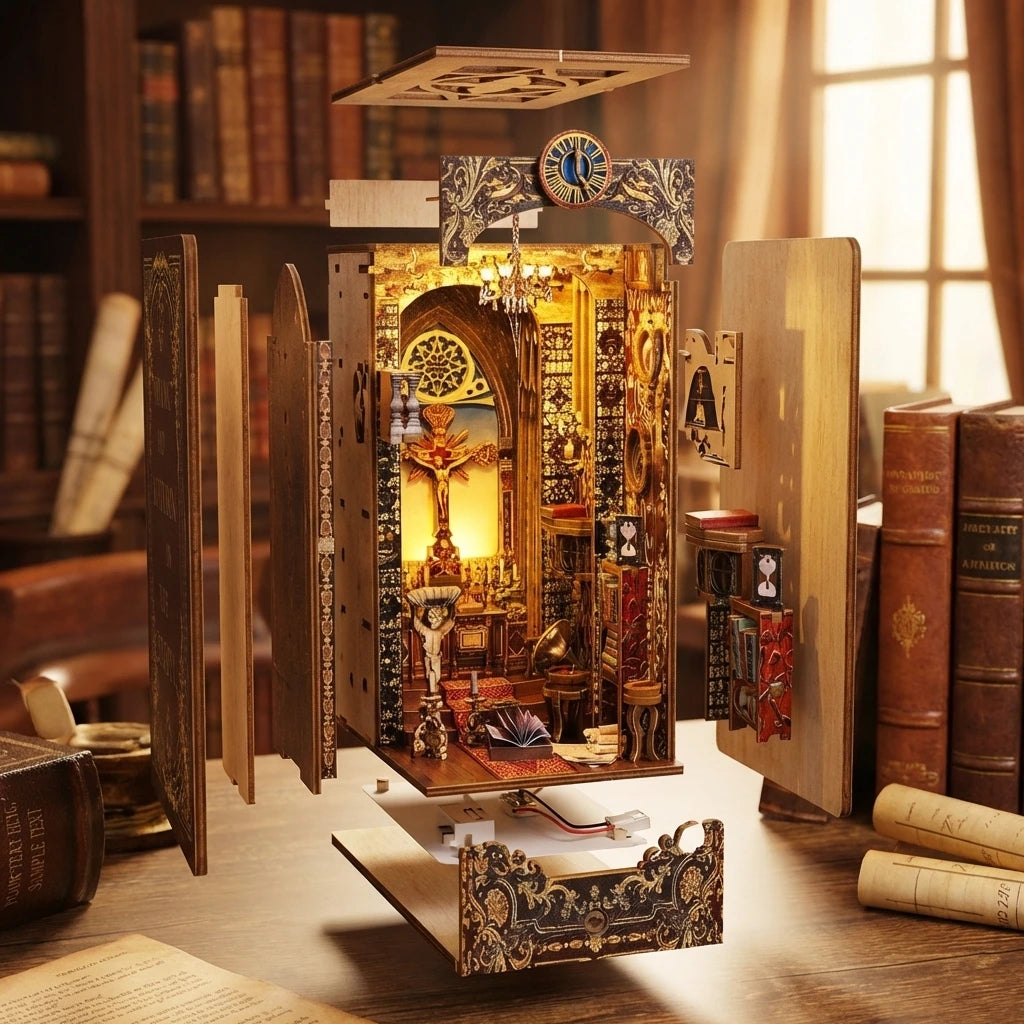 Book Nook en bois thème La Chapelle du Savoir - Temple de Sagesse, vue éclatée, éclairage LED chaleureux, décoration Nook-It