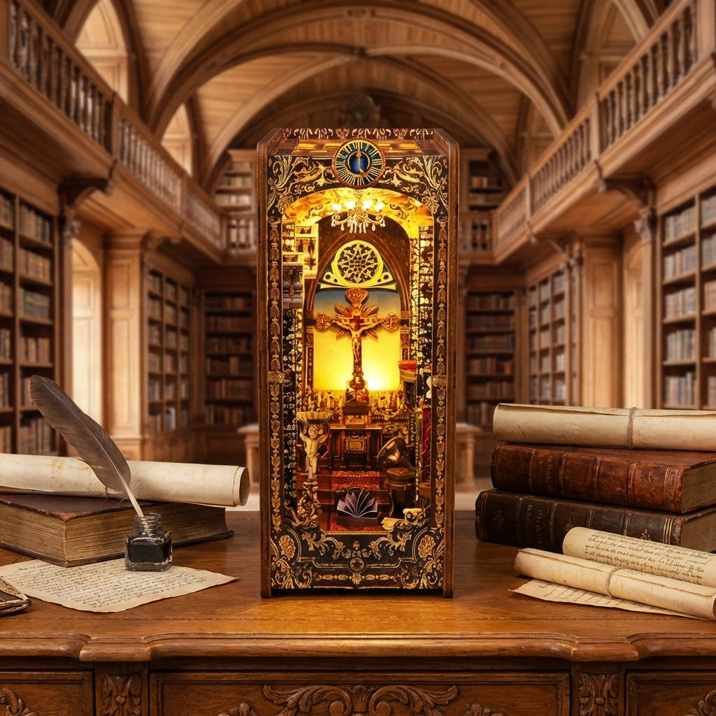 Book Nook en bois thème La Chapelle du Savoir - Temple de Sagesse, vue de face, éclairage LED chaleureux, décoration Nook-It