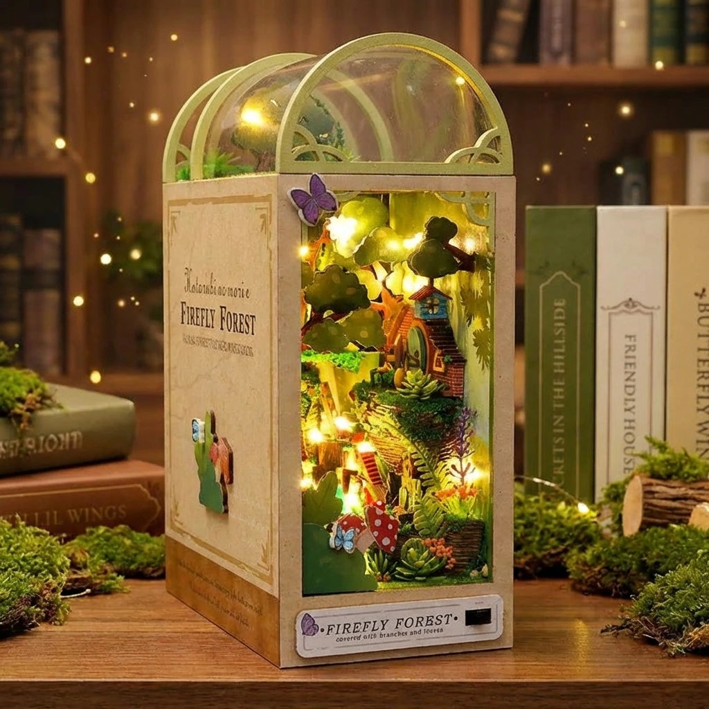 Book Nook en bois thème La Forêt des Lucioles - Garden House, vue Angle 45°, éclairage LED chaleureux, décoration Nook-It.