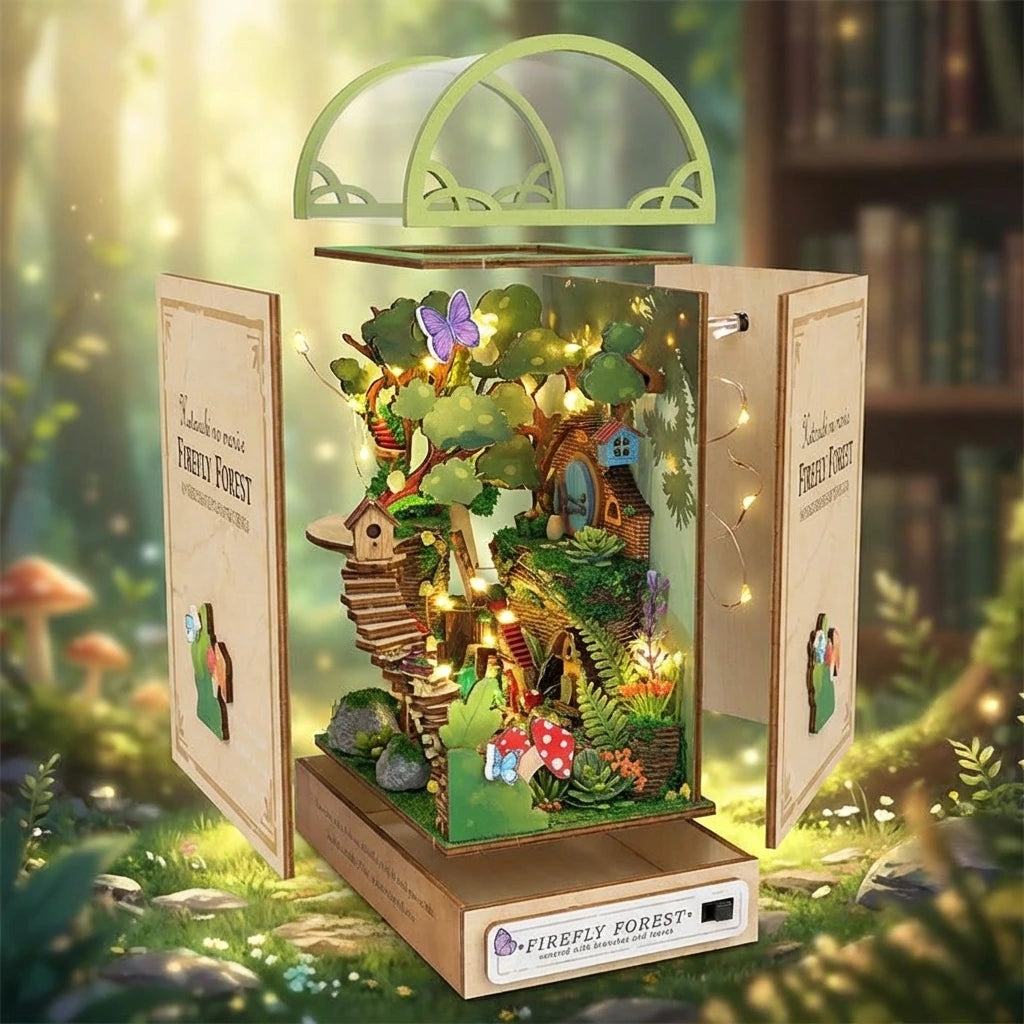 Book Nook en bois thème La Forêt des Lucioles - Garden House, vue éclatée, éclairage LED chaleureux, décoration Nook-