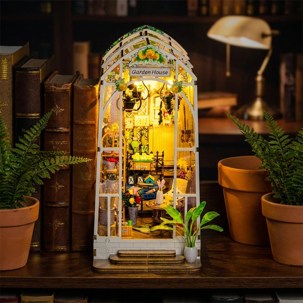 Book Nook en bois thème La Serre de Lecture, vue Ambiance Nuit, éclairage LED chaleureux, décoration Nook-It.