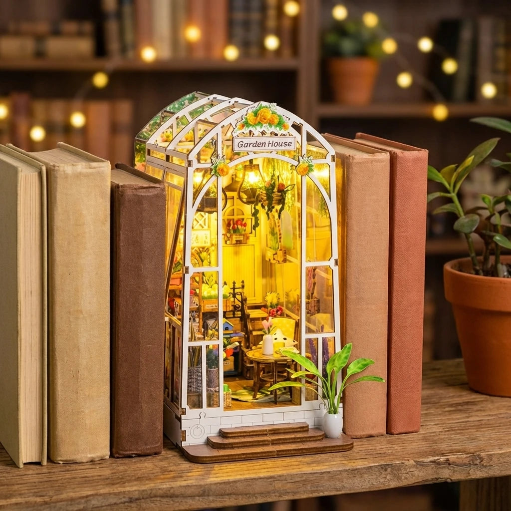 Book Nook en bois thème La Serre de Lecture, vue Face, éclairage LED chaleureux, décoration Nook-It.