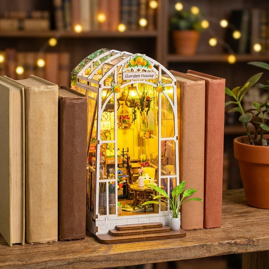 Book Nook en bois thème La Serre de Lecture, vue Face, éclairage LED chaleureux, décoration Nook-It.