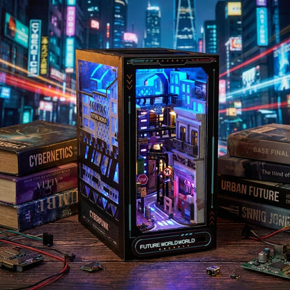 Book Nook en bois thème La Ville du Future - Cyberpunk Cyberworld, vue Angle 45°, éclairage LED chaleureux, décoration Nook-It
