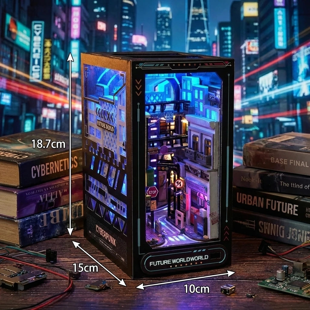 Book Nook en bois thème La Ville du Future - Cyberpunk Cyberworld, vue avec dimensions, éclairage LED chaleureux, décoration Nook-It