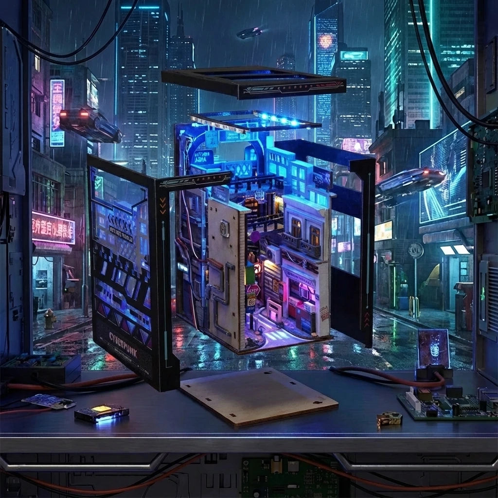 Book Nook en bois thème La Ville du Future - Cyberpunk Cyberworld, vue éclatée, éclairage LED chaleureux, décoration Nook-It