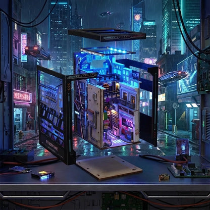 Book Nook en bois thème La Ville du Future - Cyberpunk Cyberworld, vue éclatée, éclairage LED chaleureux, décoration Nook-It