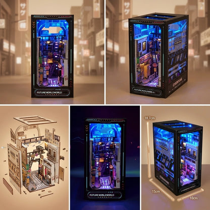 Book Nook en bois thème La Ville du Future - Cyberpunk Cyberworld, vue multiple, éclairage LED chaleureux, décoration Nook-It