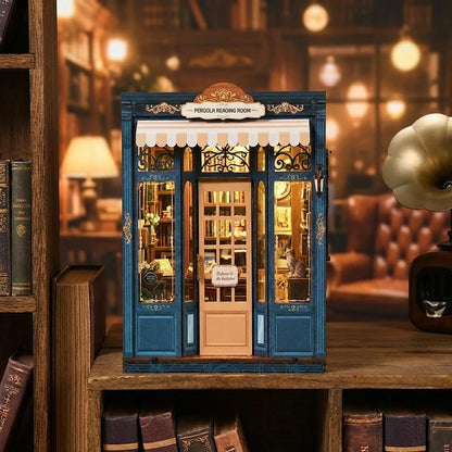 Book Nook en bois thème le coin lecture librairie, vue face, éclairage LED chaleureux, décoration Nook-It.
