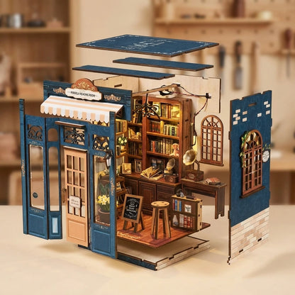 Book Nook en bois thème le coin lecture librairie, vue éclatée, éclairage LED chaleureux, décoration Nook-It.