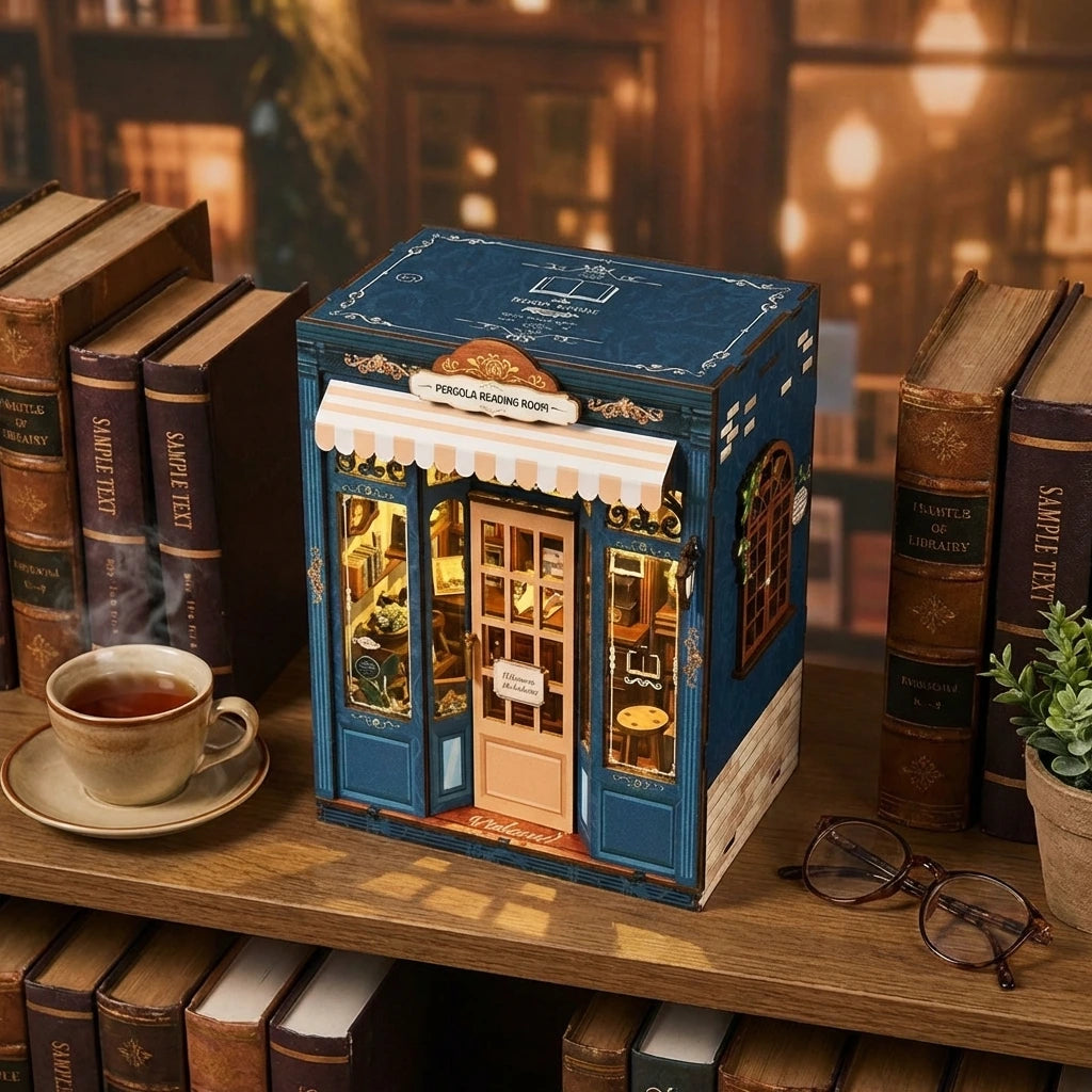 Book Nook en bois thème le coin lecture librairie, vue plongeante,  éclairage LED chaleureux, décoration Nook-It.