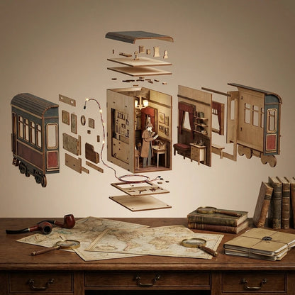 Book Nook en bois thème L'Enquête du Détective - Cabinet Mystère, vue Vue Éclatée, éclairage LED chaleureux, décoration Nook-It