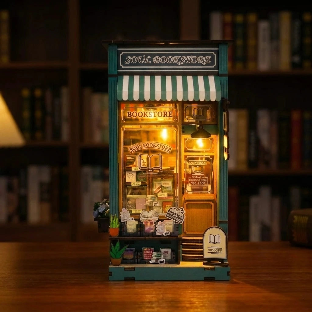 Book Nook en bois thème librairie-de-lame, vue Ambiance Nuit, éclairage LED chaleureux, décoration Nook-It.