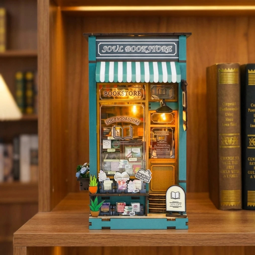 Book Nook en bois thème Librairie de l'Âme, vue Face, éclairage LED chaleureux, décoration Nook-It.