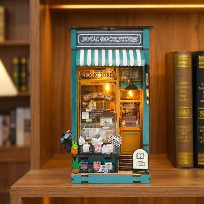 Book Nook en bois thème Librairie de l'Âme, vue Face, éclairage LED chaleureux, décoration Nook-It.