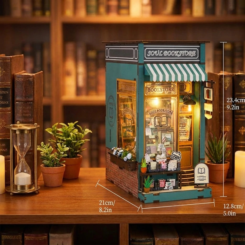 Book Nook en bois thème Librairie de l'Âme, vue avec Dimensions, éclairage LED chaleureux, décoration Nook-It.