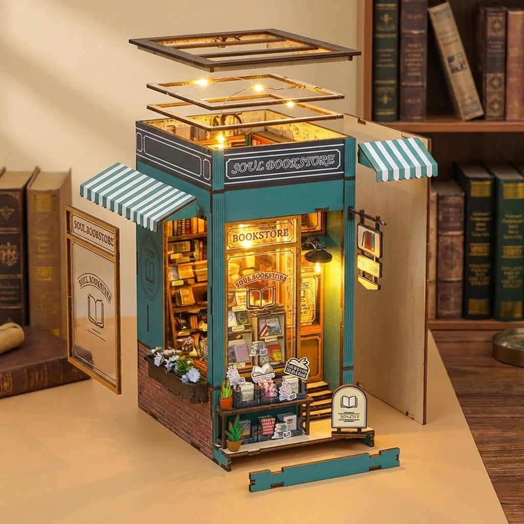 Book Nook en bois thème Librairie de l'Âme, vue Éclatée, éclairage LED chaleureux, décoration Nook-It.