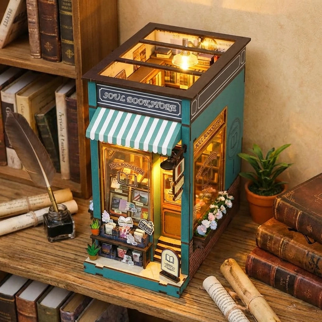 Book Nook en bois thème Librairie de l'Âme, vue Plongeante, éclairage LED chaleureux, décoration Nook-It.