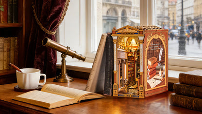 Book nook Library of Wonders sur un bureau près d'une longue-vue et d'une fenêtre