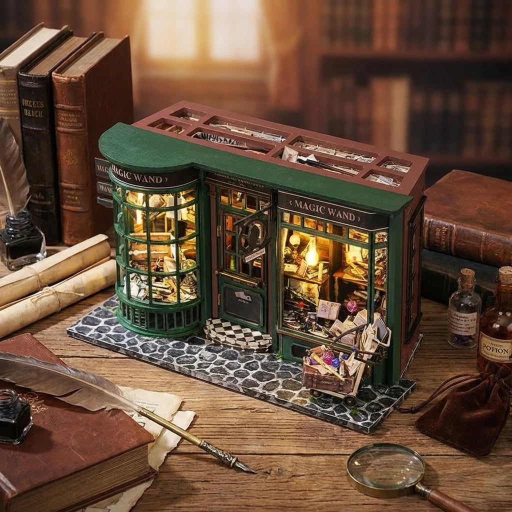 Book Nook en bois thème Magasin de Baguettes Magiques, vue Plongeante, éclairage LED chaleureux, décoration Nook-It.