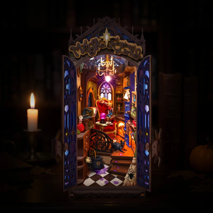 Book nook Magic Fantasy Corner illuminé la nuit, LED et bougie dans le noir