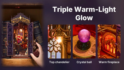 Les trois éclairages LED du book nook : lustre, boule de cristal et cheminée