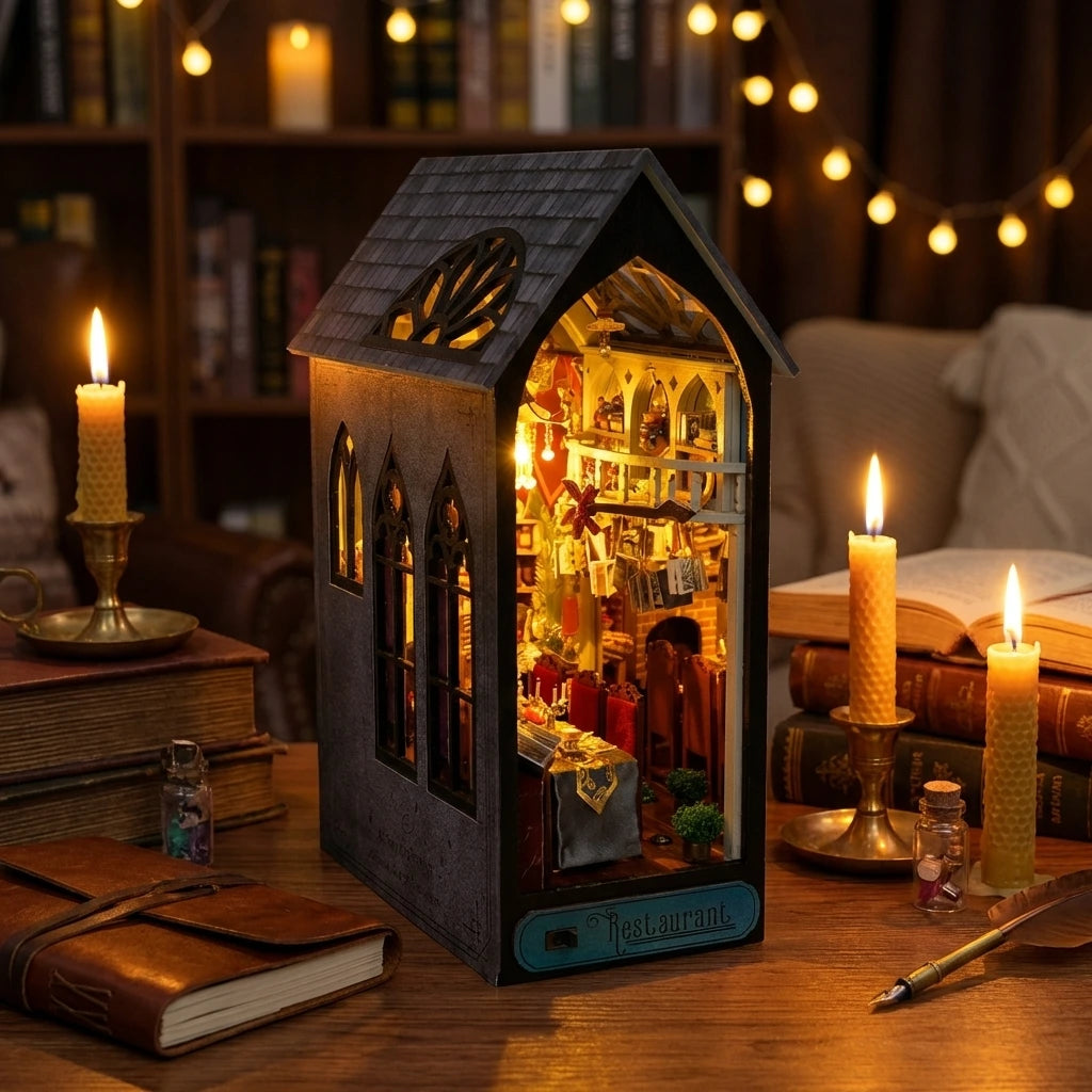 Book Nook en bois thème Magic Restaurant, vue Ambiance Nuit, éclairage LED chaleureux, décoration Nook-It.