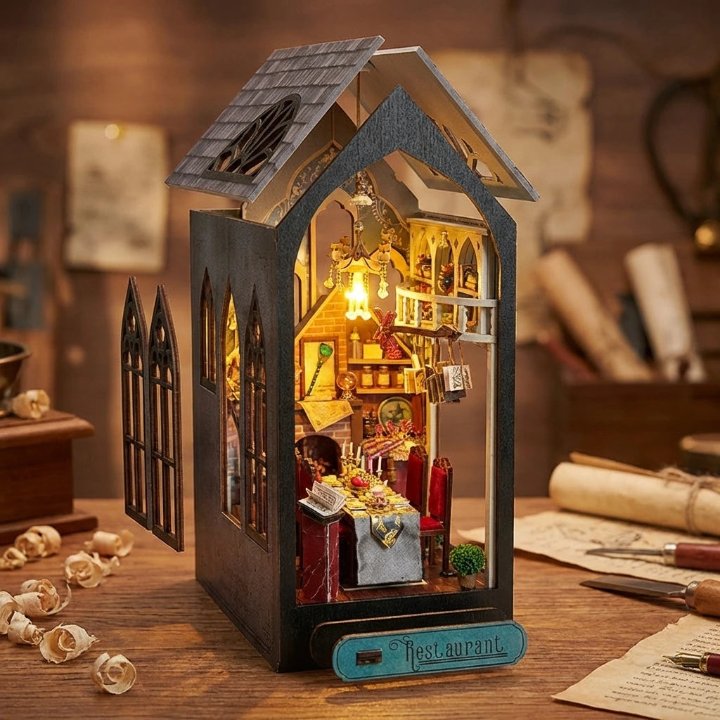 Book Nook en bois thème Magic Restaurant, vue Éclatée, éclairage LED chaleureux, décoration Nook-It.