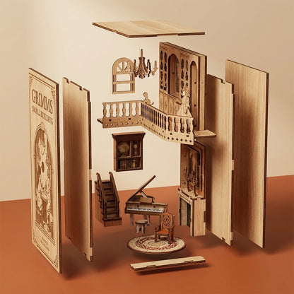 Book Nook en bois thème Maison de Grimm, vue Éclatée, éclairage LED chaleureux, décoration Nook-It.