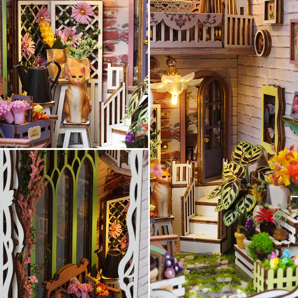Book Nook en bois thème Maison Fleurie - Serre Florale, détail, éclairage LED chaleureux, décoration Nook-It.