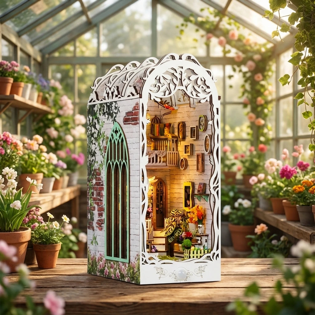 Book Nook en bois thème Maison Fleurie - Serre Florale, vue Face-profil, éclairage LED chaleureux, décoration Nook-It.