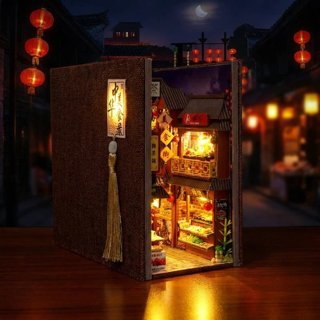Book Nook en bois thème Marché de Nuit Chinois, vue Ambiance Nuit, éclairage LED chaleureux, décoration Nook-It.