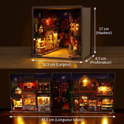 Book Nook en bois thème Marché de Nuit Chinois, vue avec Dimensions, éclairage LED chaleureux, décoration Nook-It.