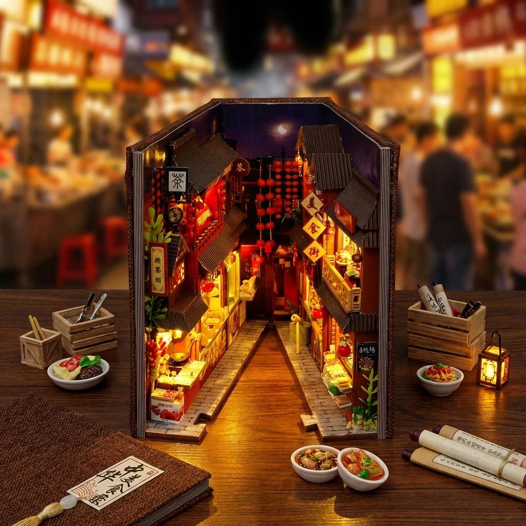 Book Nook en bois thème Marché de Nuit Chinois, vue Plongeante, éclairage LED chaleureux, décoration Nook-It.