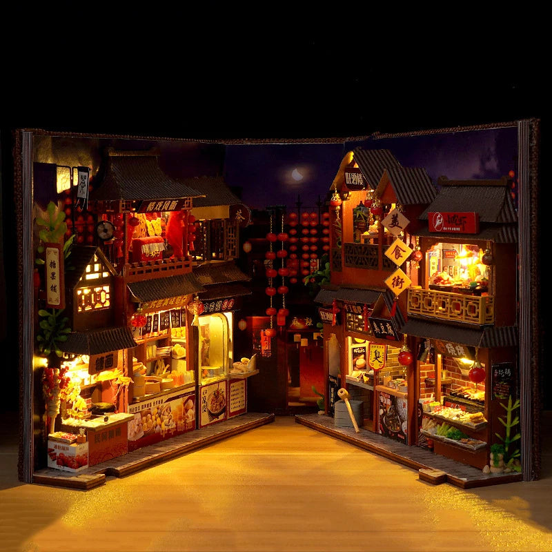 Book Nook en bois thème Marché de Nuit Chinois, vue semi ouvert, éclairage LED chaleureux, décoration Nook-It.