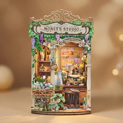 Book Nook en bois thème Monet's Studio, vue Face, éclairage LED chaleureux, décoration Nook-It