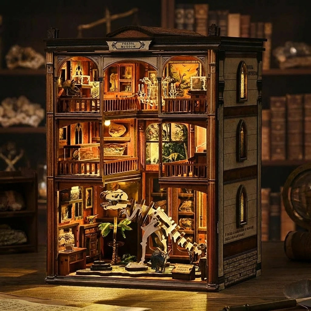 Book Nook en bois thème Musée Fossile, vue Ambiance Nuit, éclairage LED chaleureux, décoration Nook-It.