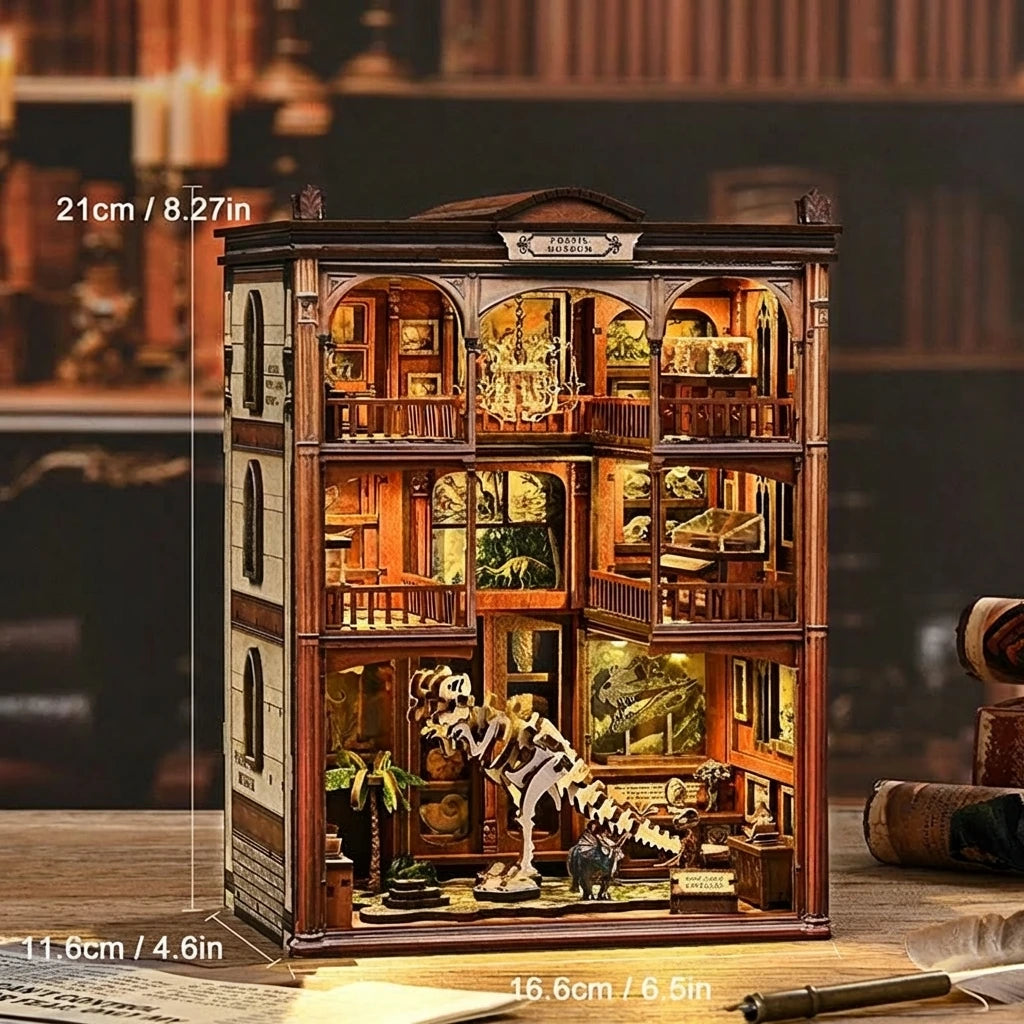 Book Nook en bois thème Musée Fossile, vue avec Dimensions, éclairage LED chaleureux, décoration Nook-It.