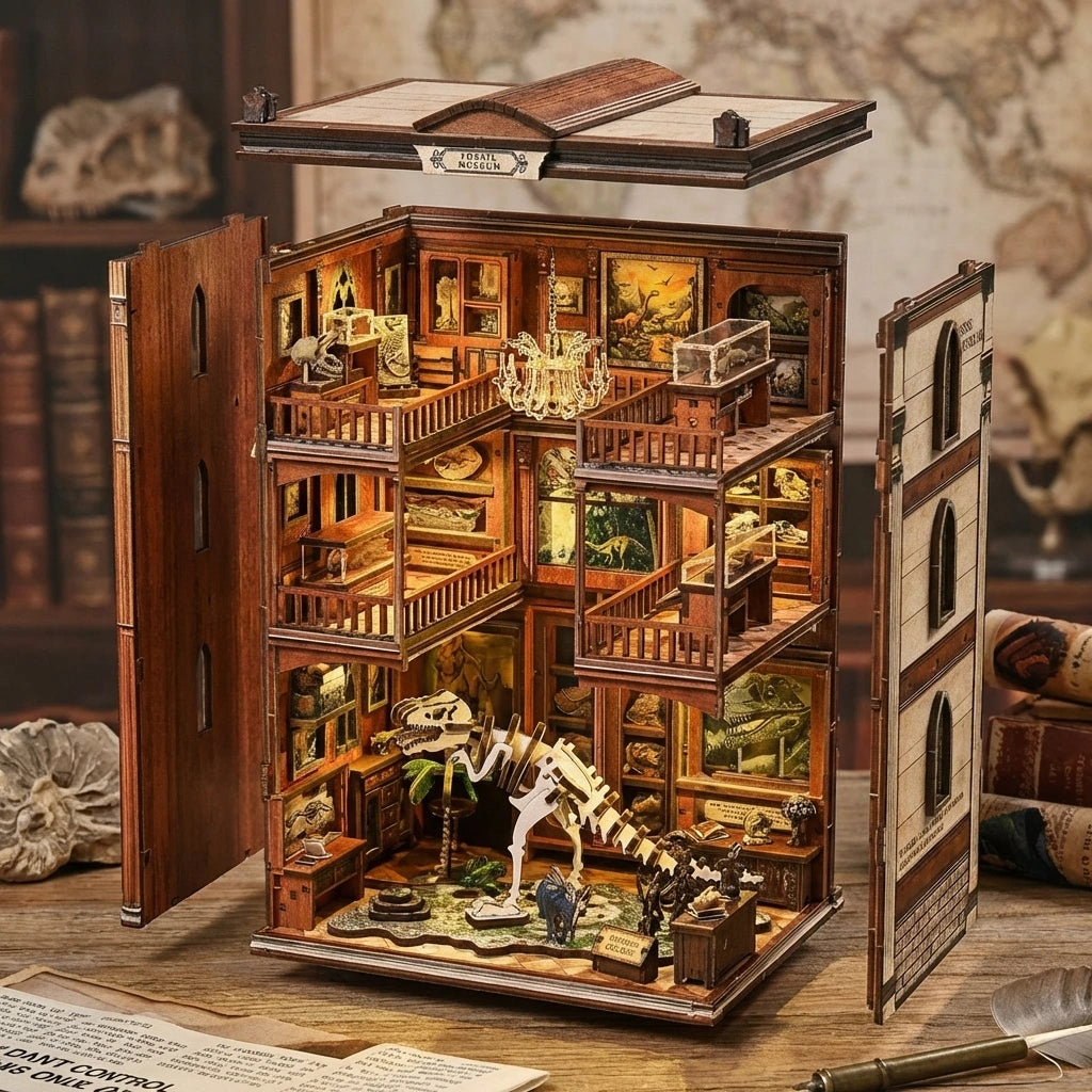 Book Nook en bois thème Musée Fossile, vue Éclatée, éclairage LED chaleureux, décoration Nook-It.