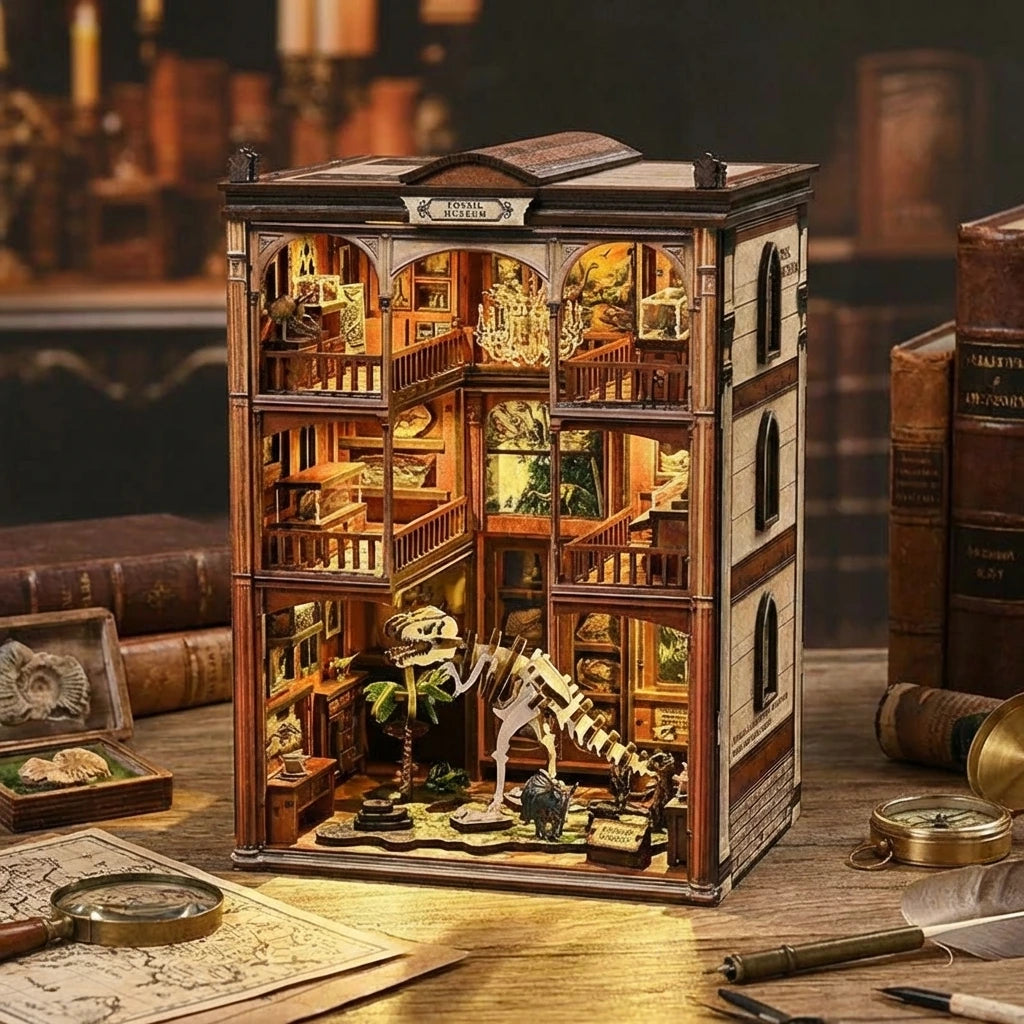 Book Nook en bois thème Musée Fossile, vue Plongeante, éclairage LED chaleureux, décoration Nook-It.